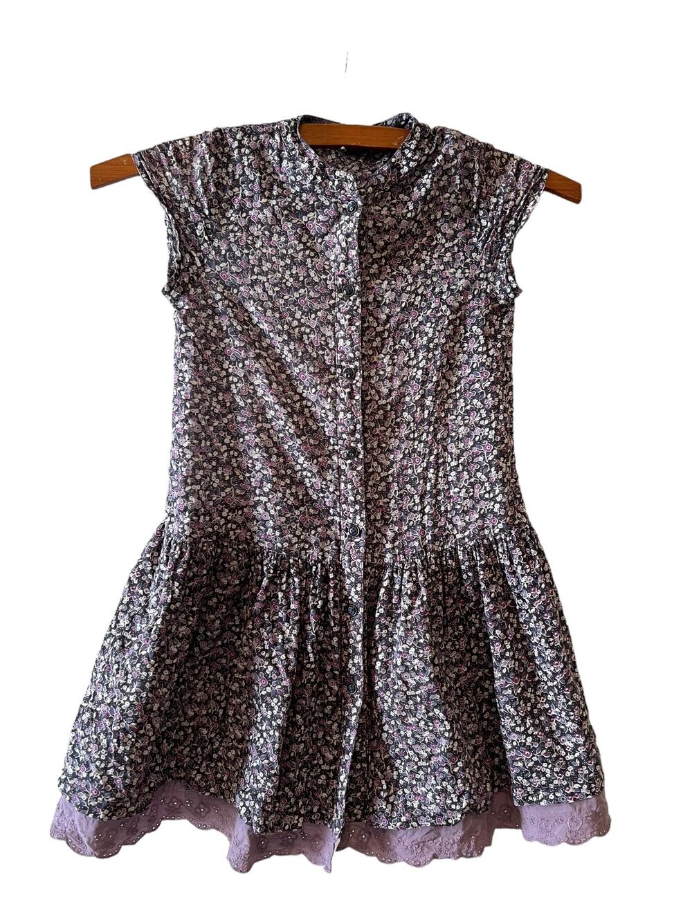 Vintage 80s Girls Dark Floral Cotton Snap front Cap Sleeve Dress 5